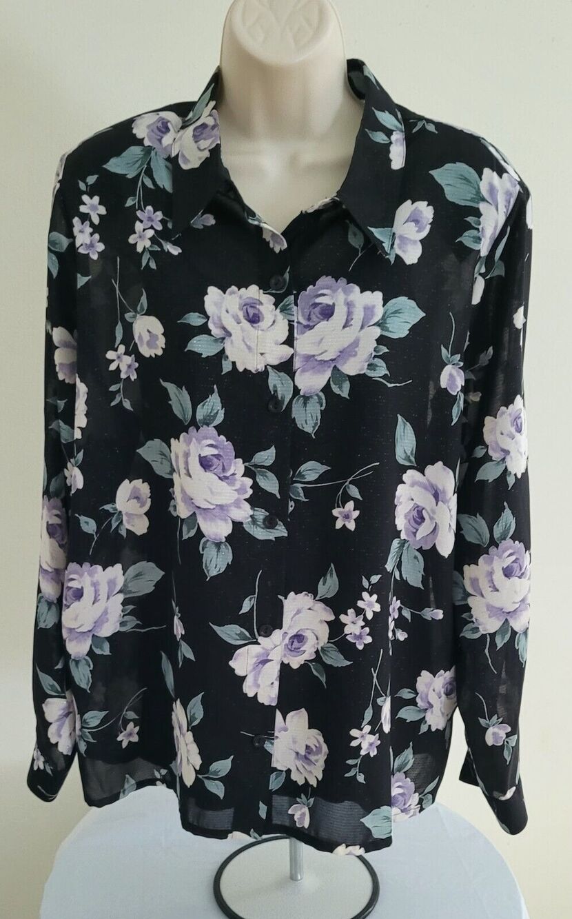 ALFRED DUNNER Women's Long Sleeve Black & White Floral Shirt/Blouse -- Sz 18P